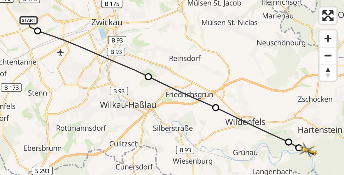 Flugroute Rettungshubschrauber ADAC Air Rescue Station Zwickau Hubschrauberlandeplatz - Hartenstein, 31 Mai 2026, 11:54