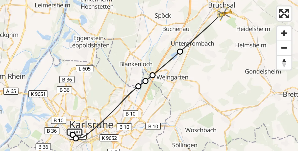 Flugroute Ambulanzhubschrauber Sankt Vincentius Hospital - Bruchsal, 31 Mai 2026, 11:58