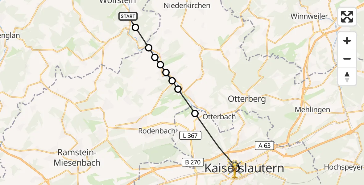 Flugroute Rettungshubschrauber Rutsweiler an der Lauter - Westpfalz Hospital Kaiserslautern, 31 Mai 2026, 12:06