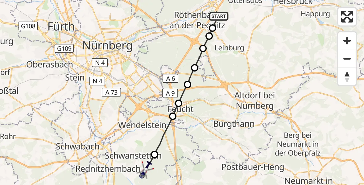 Flugroute Polizeihubschrauber Schönberg - Schwanstetten, 31 Mai 2026, 12:14