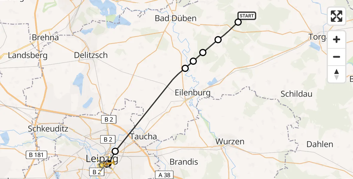 Flugroute Rettungshubschrauber Trossin - Leipzig University Hospital Heliport 1, 31 Mai 2026, 12:14