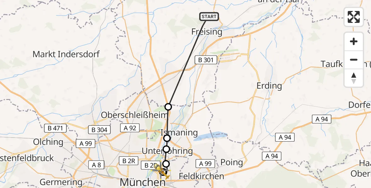 Flugroute Rettungshubschrauber Freising - München Bogenhausen Hospital, 31 Mai 2026, 12:19