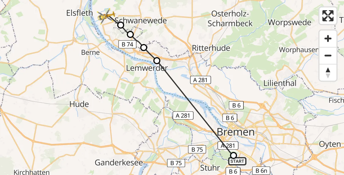 Flugroute Rettungshubschrauber ADAC Air Rescue Station Bremen Hubschrauberlandeplatz (Christoph 6) - Schwanewede, 31 Mai 2026, 12:19