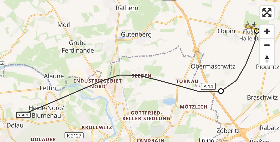 Flugroute Rettungshubschrauber Halle (Saale) - Halle-Oppin Flugplatz, 31 Mai 2026, 12:25