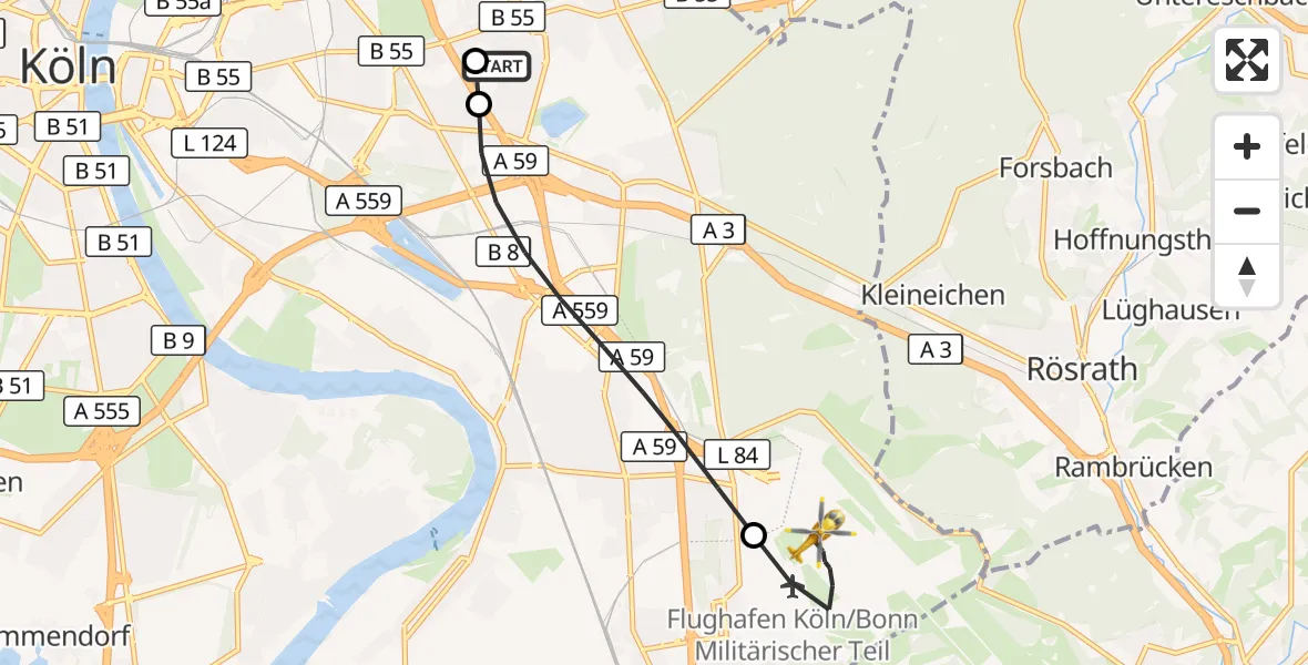 Flugroute Rettungshubschrauber Merheim Hospital - Köln Bonn Flughafen, 31 Mai 2026, 12:24