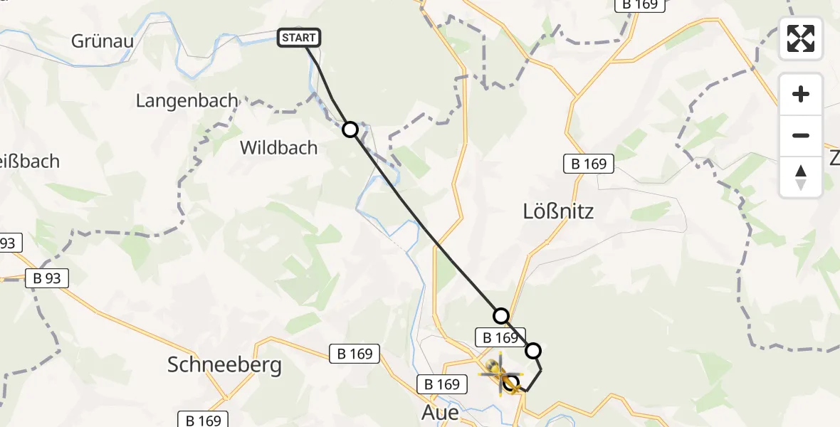 Flugroute Rettungshubschrauber Hartenstein - Helios Clinic Aue, 31 Mai 2026, 12:25