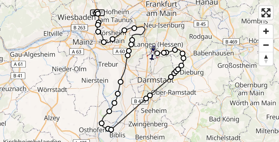 Flugroute Polizeihubschrauber Autobahn Police Wiesbaden Hubschrauberlandeplatz - Flughafen Frankfurt-Egelsbach, 31 Mai 2026, 12:25