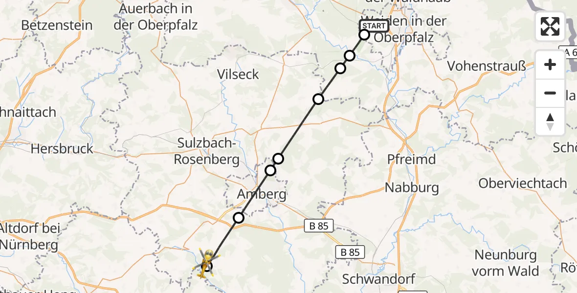 Flugroute Rettungshubschrauber Weiden i.d.OPf. - Kastl, 31 Mai 2026, 12:30