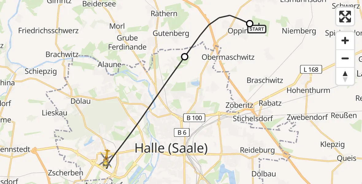 Flugroute Rettungshubschrauber Halle-Oppin Flugplatz - Halle (Saale), 31 Mai 2026, 12:45