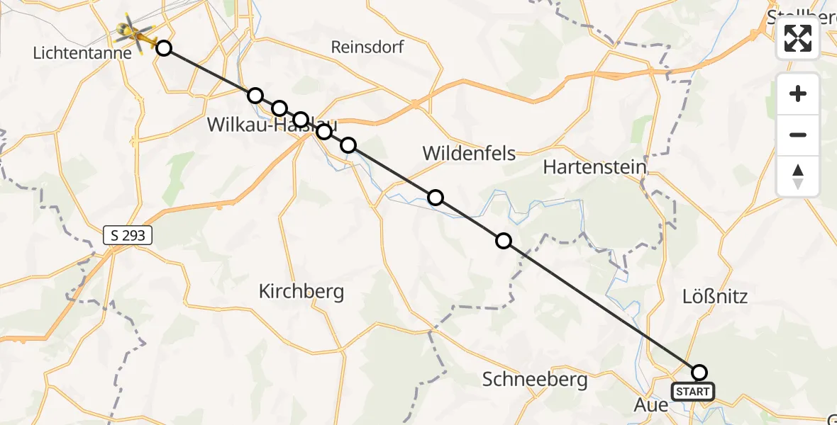 Flugroute Rettungshubschrauber Helios Clinic Aue - Zwickau, 31 Mai 2026, 12:46