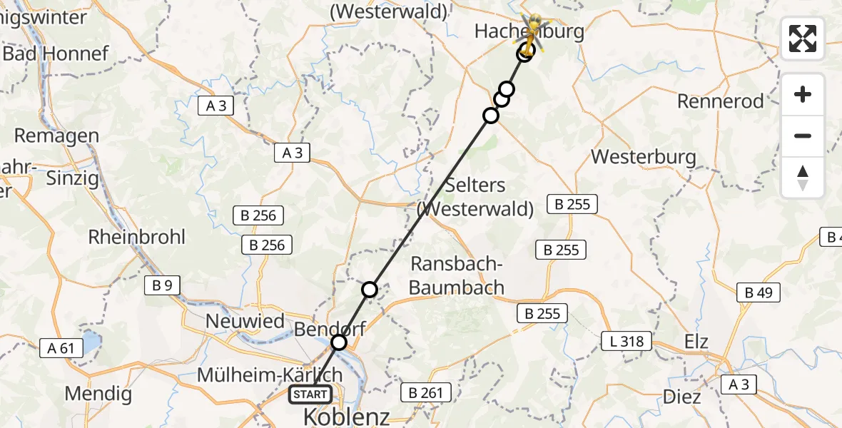 Flugroute Rettungshubschrauber Koblenz - Hachenburg, 31 Mai 2026, 12:50