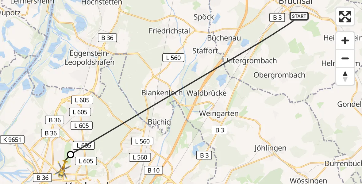Flugroute Ambulanzhubschrauber Bruchsal - Karlsruhe, 31 Mai 2026, 12:52