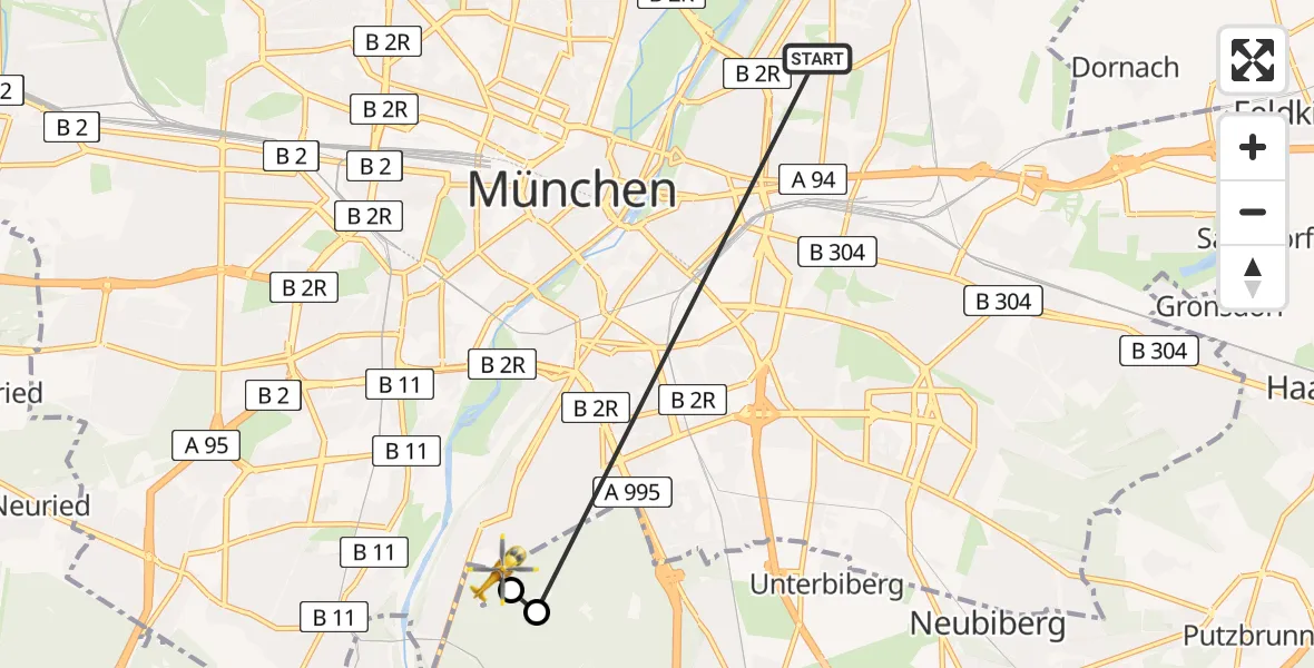 Flugroute Rettungshubschrauber München Bogenhausen Hospital - ADAC Air Rescue Center Hubschrauberlandeplatz (Christoph 1), 31 Mai 2026, 12:52