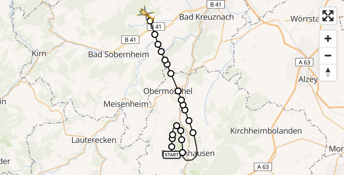 Flugroute Rettungshubschrauber Rockenhausen - Sponheim, 31 Mai 2026, 12:58