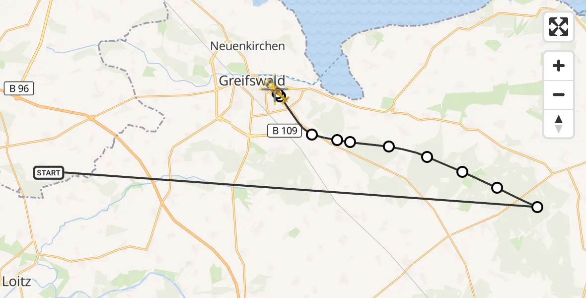 Flugroute Rettungshubschrauber Süderholz - Greifswald Hospital, 31 Mai 2026, 12:59