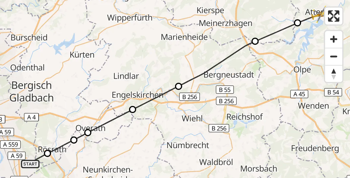 Flugroute Rettungshubschrauber Köln Bonn Flughafen - Attendorn, 31 Mai 2026, 13:02