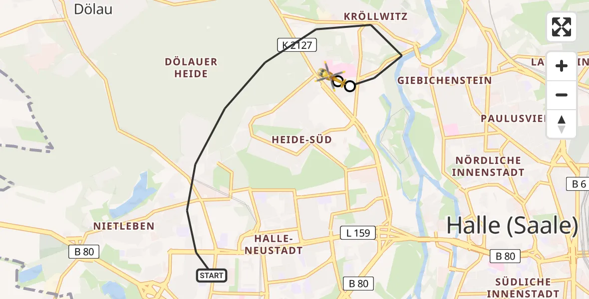 Flugroute Rettungshubschrauber Halle (Saale) - Halle (Saale) University Hospital, 31 Mai 2026, 13:18