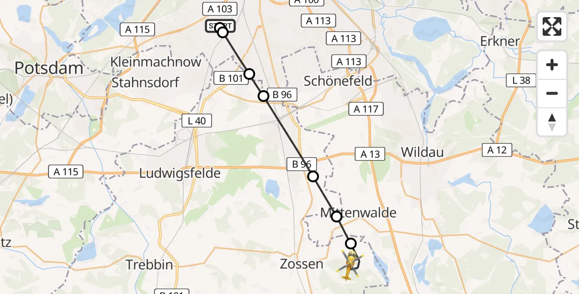 Flugroute Rettungshubschrauber Charité Clinic Benjamin Franklin Campus - Zossen, 31 Mai 2026, 13:27