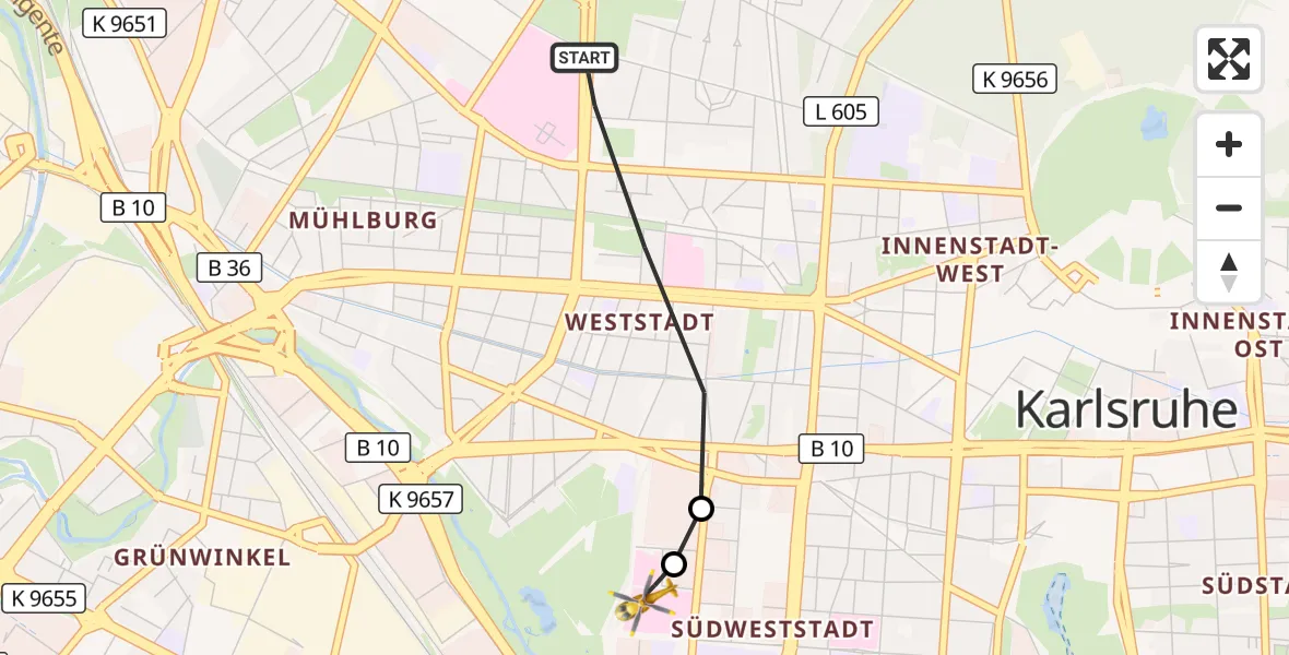 Flugroute Ambulanzhubschrauber Karlsruhe - Sankt Vincentius Hospital, 31 Mai 2026, 13:28