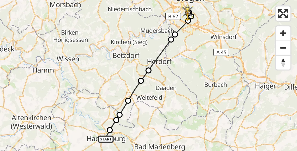 Flugroute Rettungshubschrauber Hachenburg - Evangelisches Jung-Stilling Hospital, 31 Mai 2026, 13:31