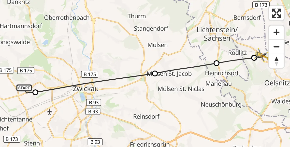 Flugroute Rettungshubschrauber ADAC Air Rescue Station Zwickau Hubschrauberlandeplatz - Hohndorf, 31 Mai 2026, 13:38