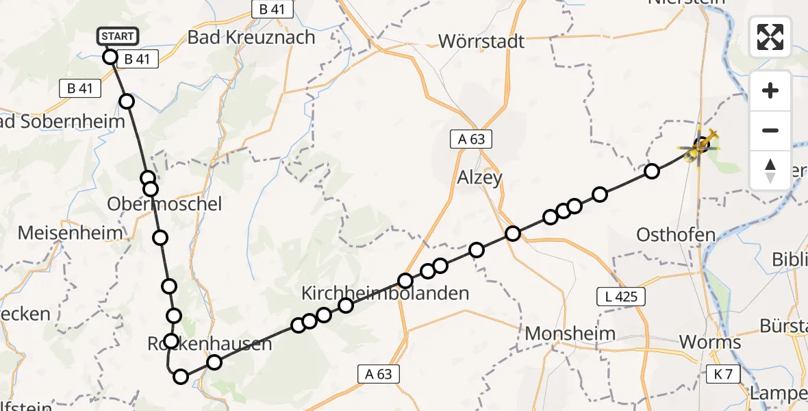 Flugroute Rettungshubschrauber Sponheim - Gimbsheim, 31 Mai 2026, 13:41