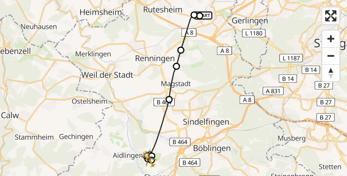 Flugroute Rettungshubschrauber Leonberg Hospital - Ehningen, 31 Mai 2026, 13:43