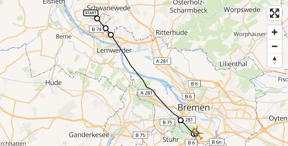 Flugroute Rettungshubschrauber Schwanewede - ADAC Air Rescue Station Bremen Hubschrauberlandeplatz (Christoph 6), 31 Mai 2026, 13:43