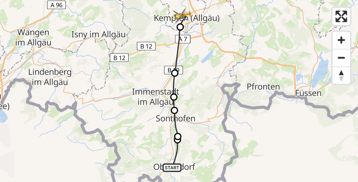 Flugroute Rettungshubschrauber Oberstdorf - Kempten (Allgäu), 31 Mai 2026, 13:50