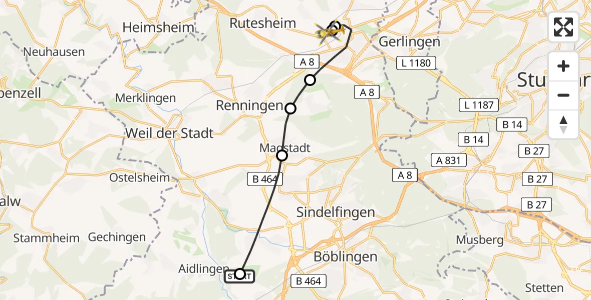 Flugroute Rettungshubschrauber Ehningen - Leonberg Hospital, 31 Mai 2026, 13:54