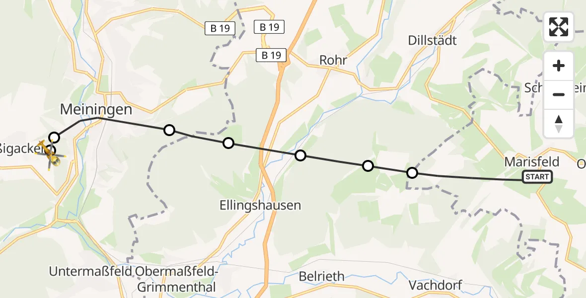 Flugroute Rettungshubschrauber Marisfeld - Helios Clinic Meiningen, 31 Mai 2026, 14:01