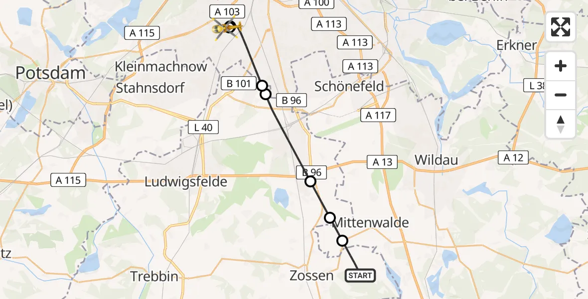Flugroute Rettungshubschrauber Zossen - Charité Clinic Benjamin Franklin Campus, 31 Mai 2026, 14:07