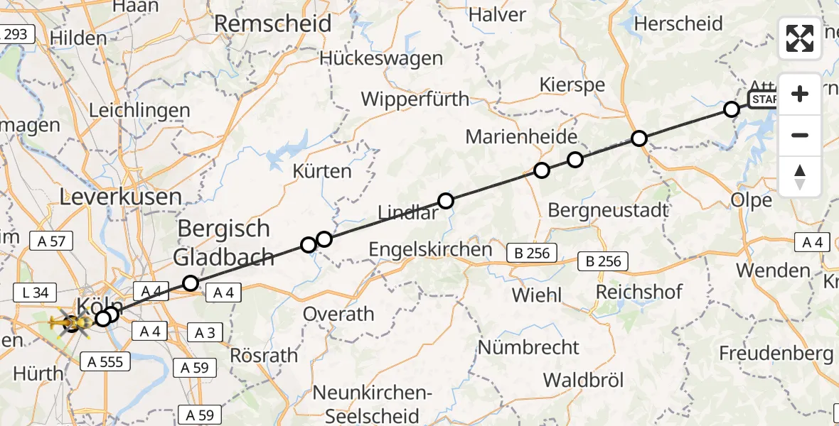Flugroute Rettungshubschrauber Attendorn - Köln University Hospital, 31 Mai 2026, 14:11