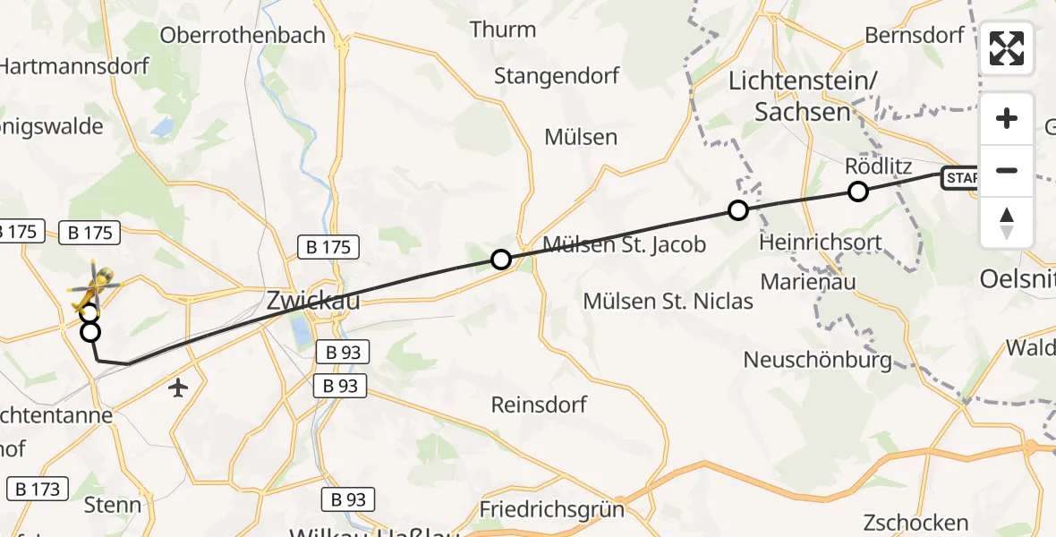 Flugroute Rettungshubschrauber Hohndorf - ADAC Air Rescue Station Zwickau Hubschrauberlandeplatz, 31 Mai 2026, 14:19