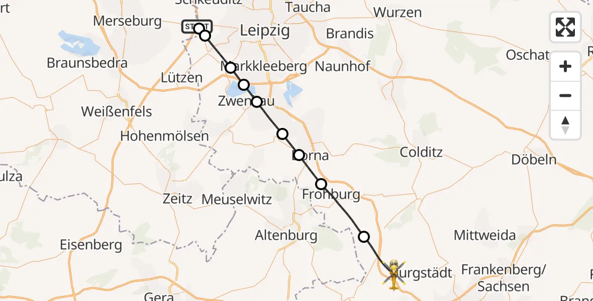 Flugroute Rettungshubschrauber ADAC Air Rescue Station Leipzig/Schkeuditz-Dölzig Hubschrauberlandeplatz (Christoph 61) - Penig, 31 Mai 2026, 14:23