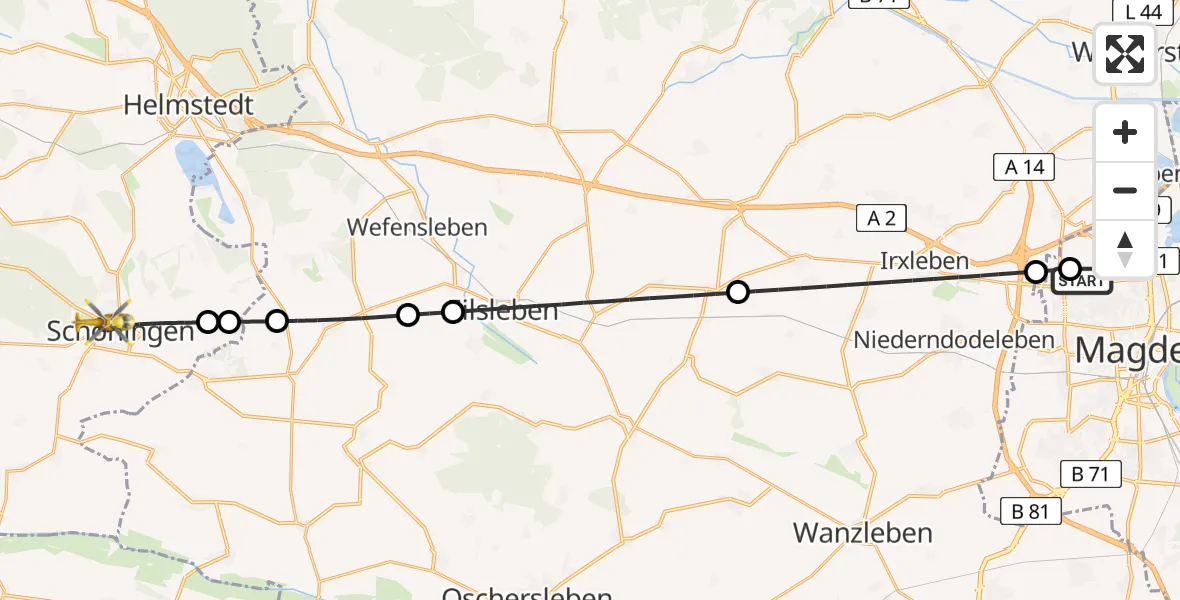 Flugroute Rettungshubschrauber Magdeburg Hospital - Schöningen, 31 Mai 2026, 14:27
