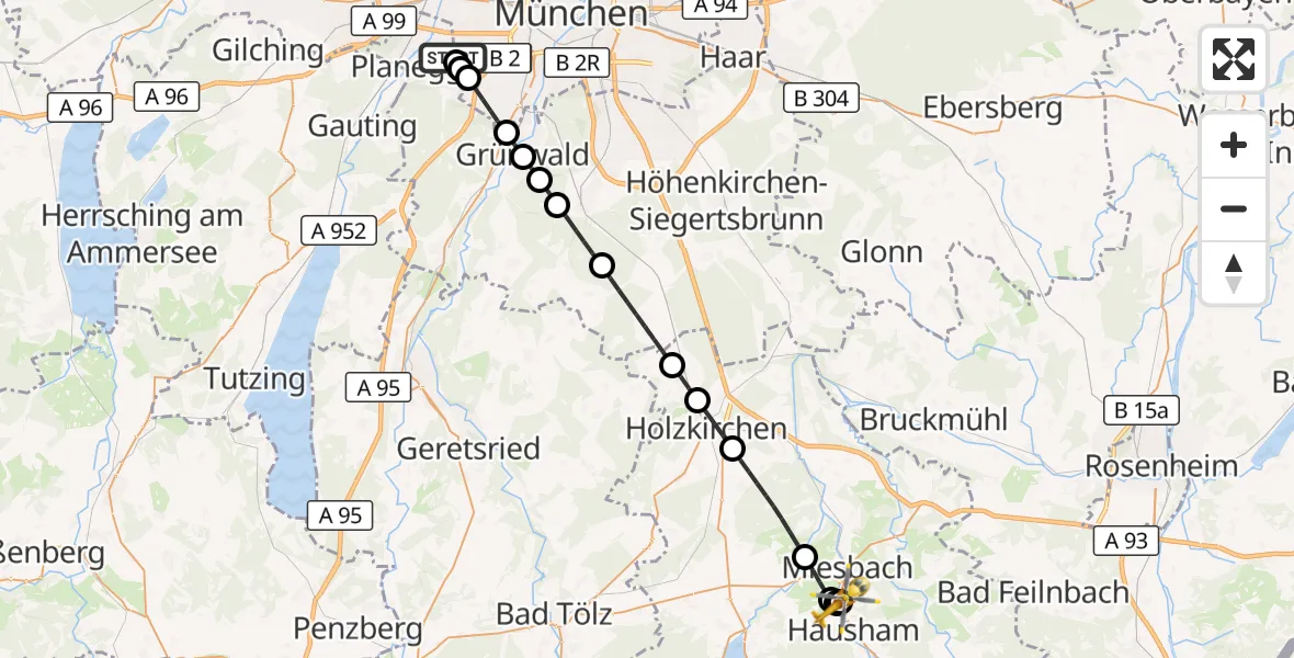 Flugroute Rettungshubschrauber DRF Air Rescue München Hubschrauberlandeplatz - Agatharied Hospital, 31 Mai 2026, 14:31