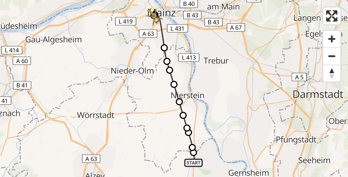 Flugroute Rettungshubschrauber Gimbsheim - Mainz University Hospital, 31 Mai 2026, 14:32