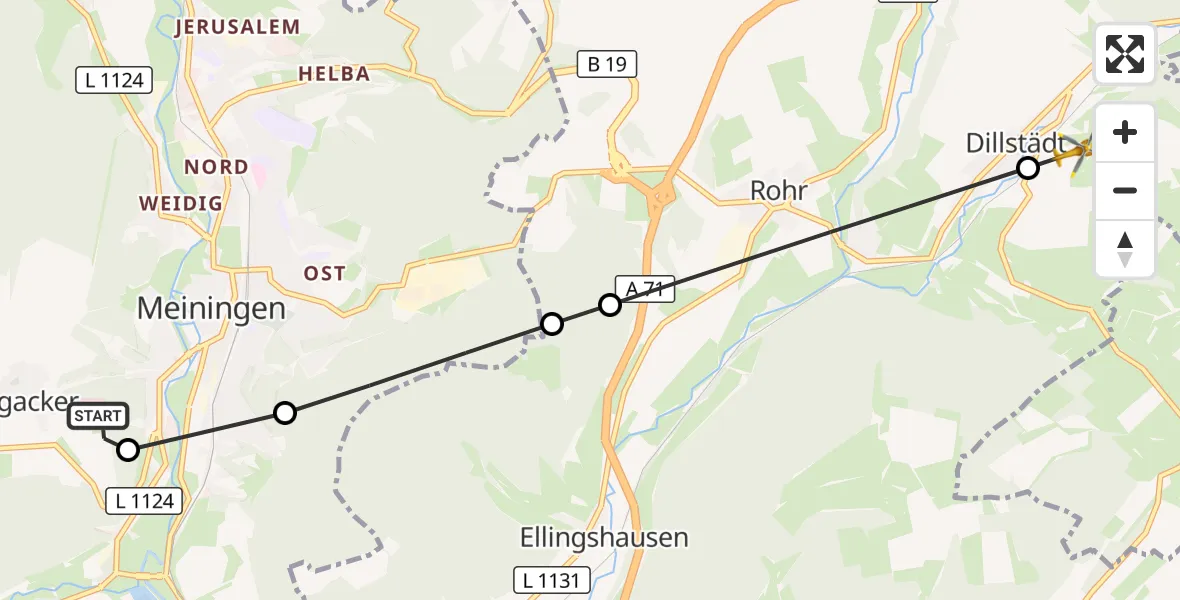Flugroute Rettungshubschrauber Helios Clinic Meiningen - Dillstädt, 31 Mai 2026, 14:34