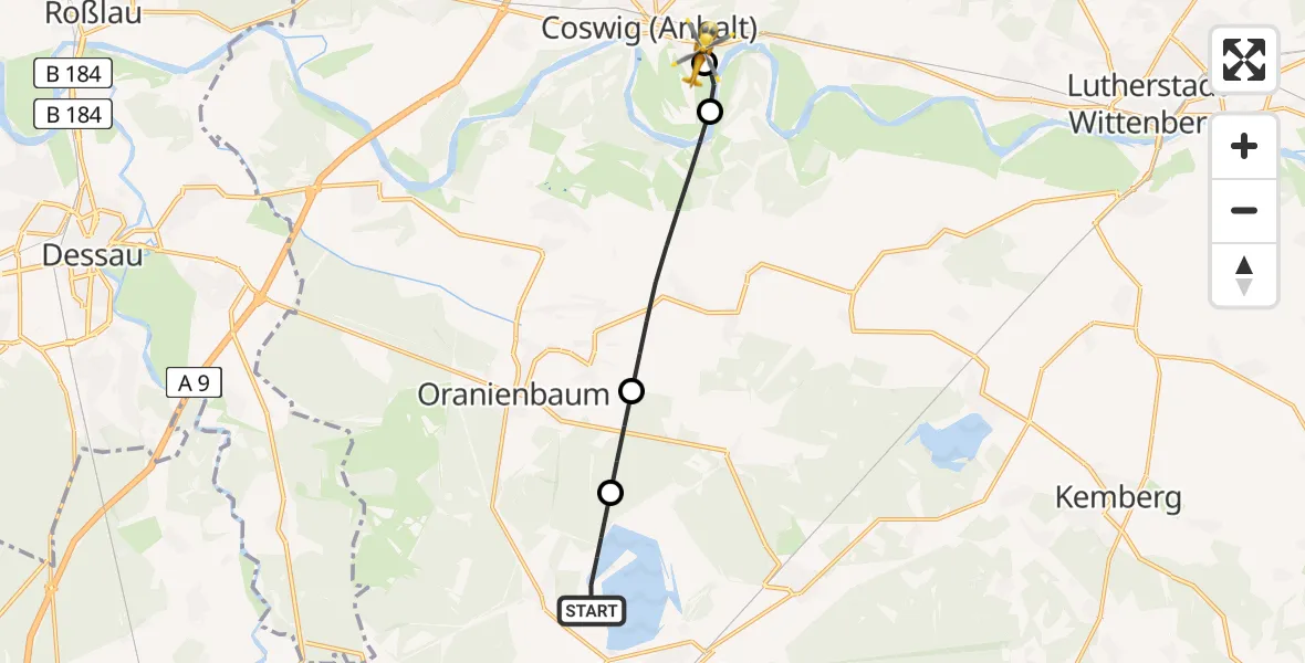 Flugroute Rettungshubschrauber Gräfenhainichen - MediClin Heart Center Coswig Hubschrauberlandeplatz, 31 Mai 2026, 14:48