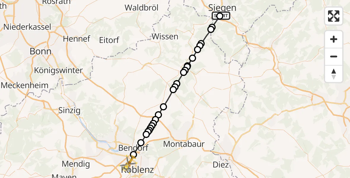 Flugroute Rettungshubschrauber Evangelisches Jung-Stilling Hospital - Koblenz, 31 Mai 2026, 14:58