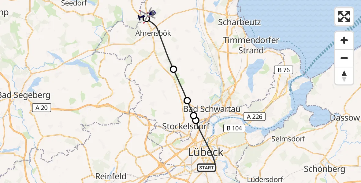 Flugroute Polizeihubschrauber Lübeck - Christoph 12 Luftrettungszentrum, 31 Mai 2026, 14:58