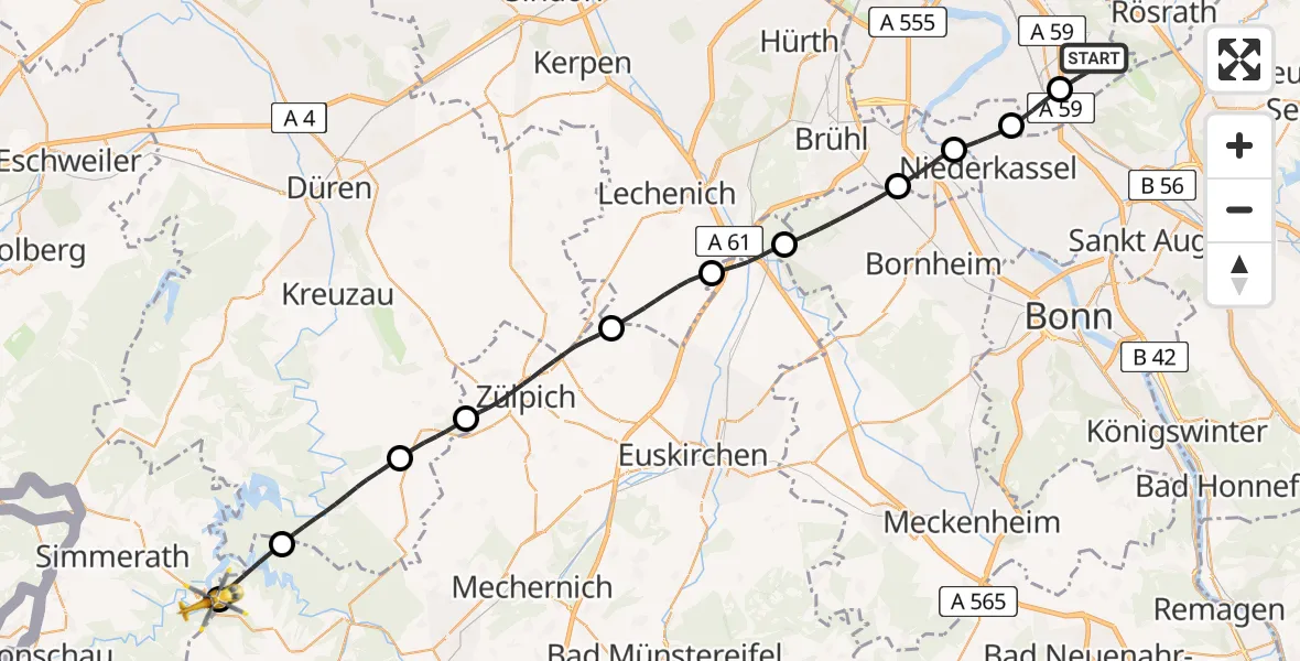 Flugroute Rettungshubschrauber Köln Bonn Flughafen - Simmerath, 31 Mai 2026, 14:59