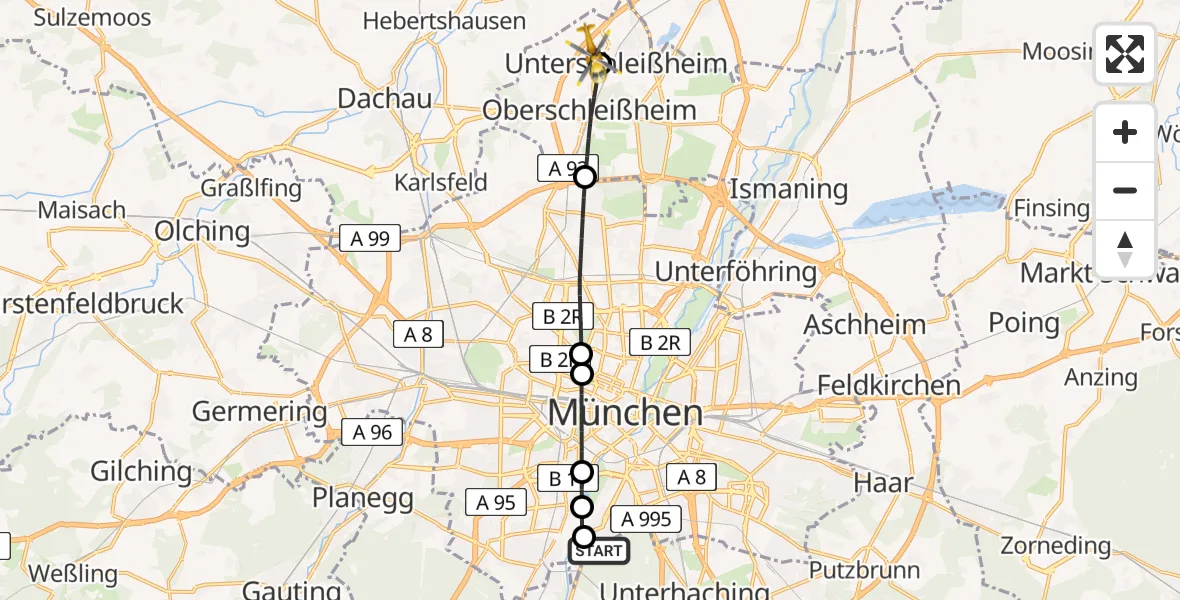 Flugroute Rettungshubschrauber ADAC Air Rescue Center Hubschrauberlandeplatz (Christoph 1) - Unterschleißheim, 31 Mai 2026, 15:01