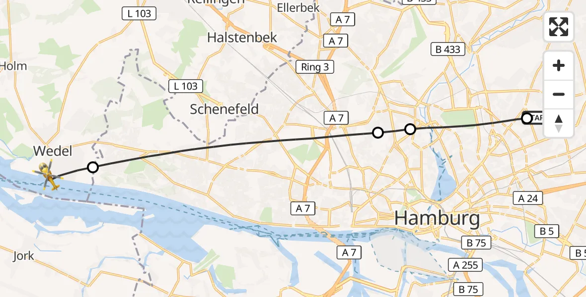 Flugroute Rettungshubschrauber Hamburg Military Hospital - Wedel, 31 Mai 2026, 15:05