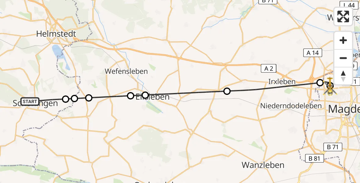 Flugroute Rettungshubschrauber Schöningen - Magdeburg Hospital, 31 Mai 2026, 15:06