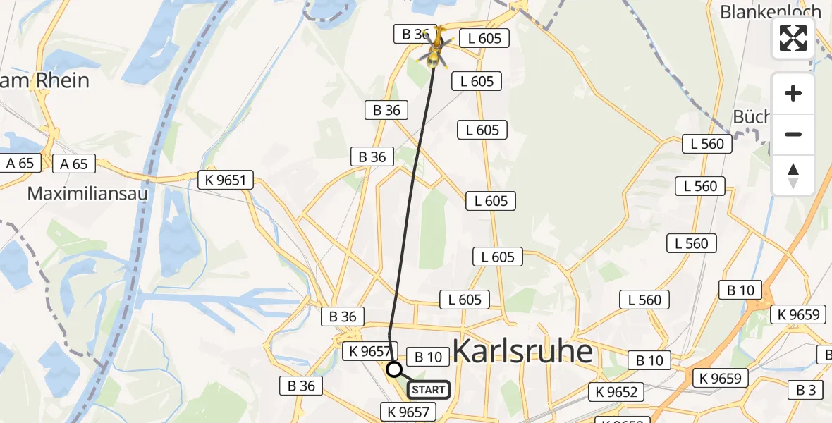 Flugroute Ambulanzhubschrauber Sankt Vincentius Hospital - Karlsruhe, 31 Mai 2026, 15:08