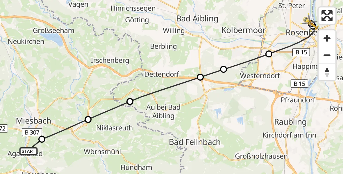 Flugroute Rettungshubschrauber Agatharied Hospital - RoMed Hospital Rosenheim, 31 Mai 2026, 15:08