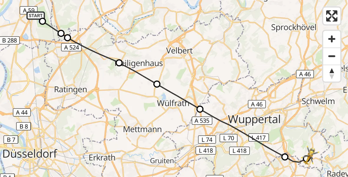 Flugroute Rettungshubschrauber Duisburg Air Rescue Hubschrauberlandeplatz (Christoph 9) - Wuppertal, 31 Mai 2026, 15:09