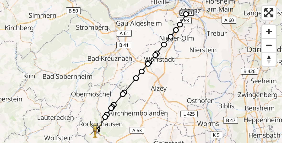 Flugroute Rettungshubschrauber Mainz University Hospital - Imsweiler UL, 31 Mai 2026, 15:09